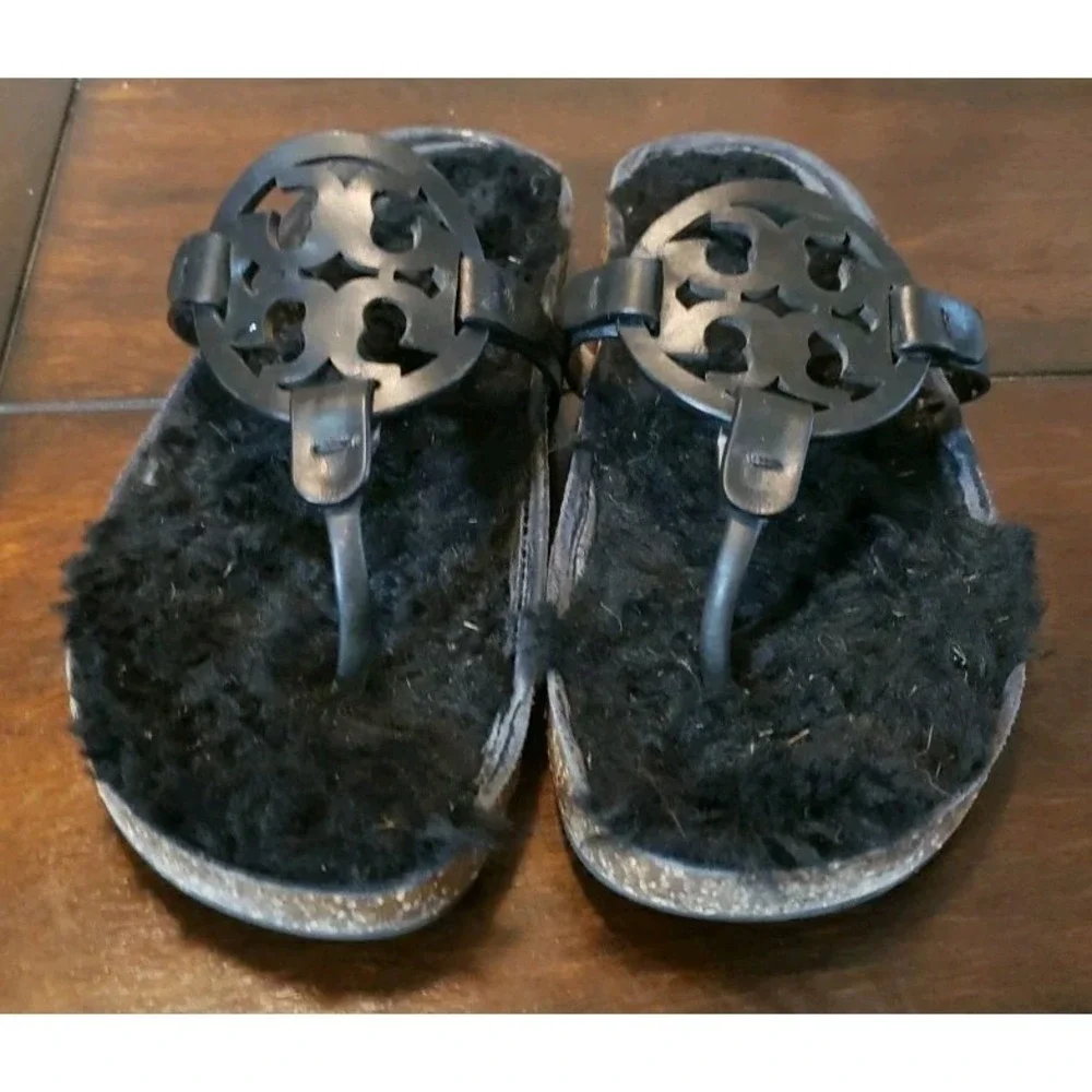 Tory‎ Burch MILLER CLOUD Cork Sandals Shearling Size 7 Black